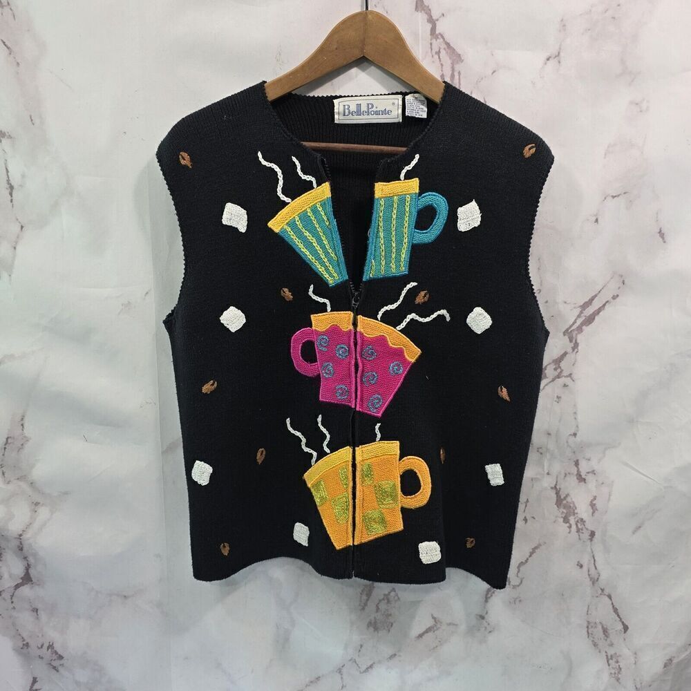 Vintage Sweater Vest Womens Large Black Coffe Cup Mug Tea Drink Zip Knit